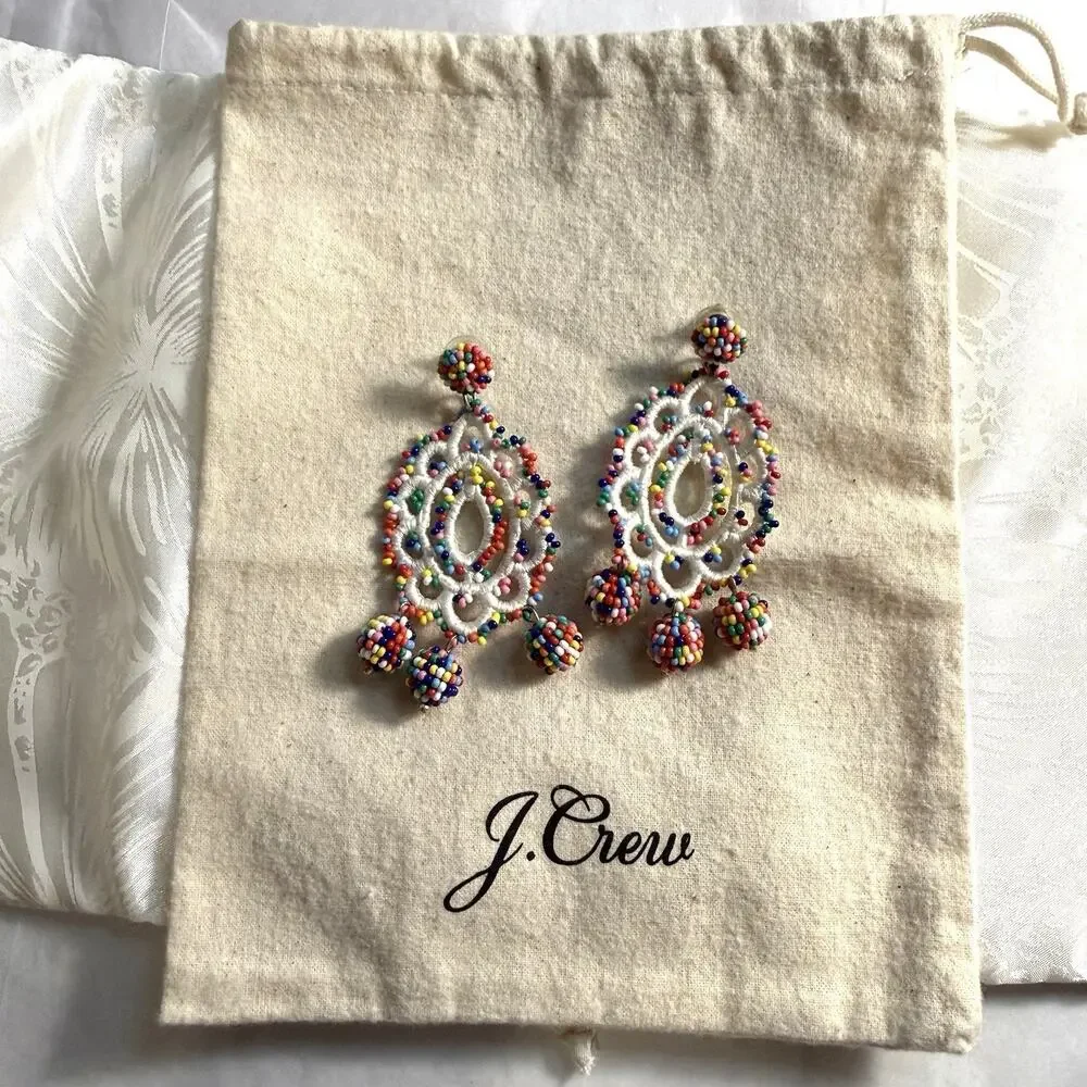 J.Crew Multicolored Glass Seed Bead Crochet Medallion Statement Dangle Earrings